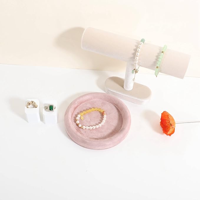 GemeShou Round Jewelry Organizer plate, Top Microfiber velvet Jewerly display tray, Empty Jewelry showcase tray for Necklace Bracelet Ring Earring display stand holder (Pink-Small, 5.9 x 5.9 in)