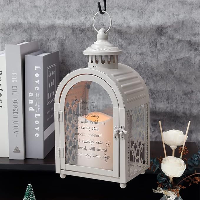 TRIROCKS Memorial Lantern 11'' High Walk Beside Us Remembrance Lantern With Automatic Timer LED Candle And Love Pattern Bereavement Sympathy Gifts For Funeral Memorial Service Loss of Loved One (Grey)