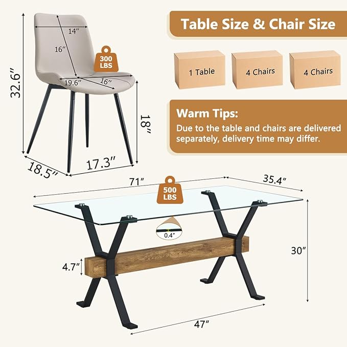 9 Piece Glass Dining Table Set, Kitchen Table Chairs Set for 8, 71'' Dining Table with 0.4" Tempered Glass Tabletop with Plated Metal Legs and MDF Crossbar, 8 PU Chairs for Dining Room, Kitchen.
