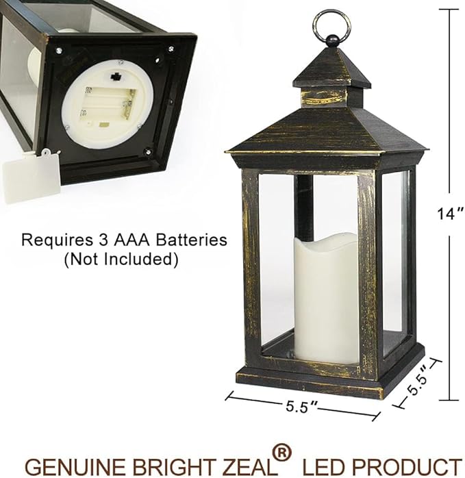 Bright Zeal 2-PACK 14 Inch Vintage Decorative Candle Lanterns With Timer - IP44 Waterproof Distressed Gold Decorative Outdoor Lanterns Battery Powered - Hanging Decorative Lanterns For Wedding Indoors