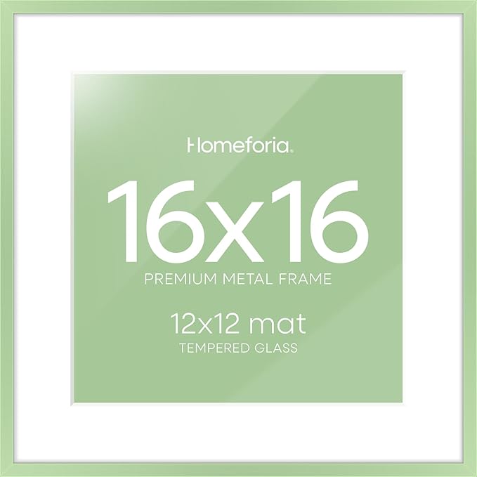 Homeforia 16x16 Picture Frame Sage Green, High End Metal 16 x 16 Square Poster Frames with Mat 12 x 12 Photo, 16x16 Frame Matted to 12x12 Art, 16by16 Hanging Frames, Tempered Glass, Wall Kit, Set of 1