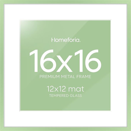 Homeforia 16x16 Picture Frame Sage Green, High End Metal 16 x 16 Square Poster Frames with Mat 12 x 12 Photo, 16x16 Frame Matted to 12x12 Art, 16by16 Hanging Frames, Tempered Glass, Wall Kit, Set of 1