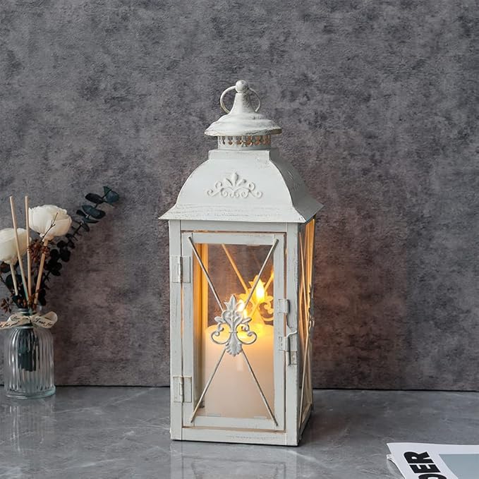 TRIROCKS Elegant Vintage Lantern - Decorative 13.5'' Metal & Glass Candle Holder - Perfect for Indoor & Outdoor Use, Patio, Garden, Parties - Sophisticated White & Gold Brushed Finish