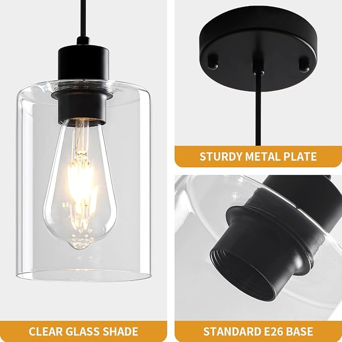 3 Pack Pendant Lights Kitchen Island, Black Kitchen Pendant Lighting Over Island, Hanging Light Fixtures Modern Glass Pendant Lights for Hallway Entryway Bedroom Dining Room