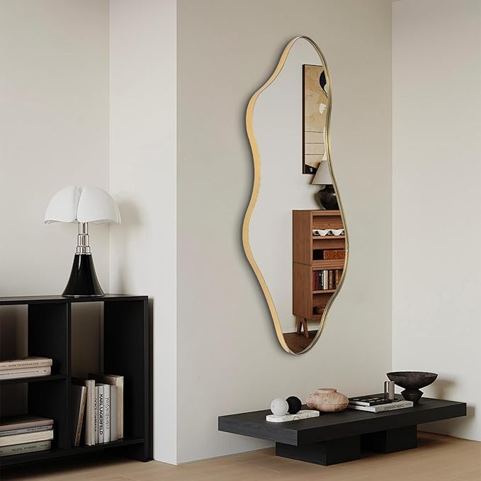Irregular Wall Mirror, Gold Asymmetrical Mirrors, 47"x22" Wavy Shaped Mirror with Metal Frame, Modern Decorative Abstract Mirrors for Living Room Bathroom Bedroom Hallway Entryway