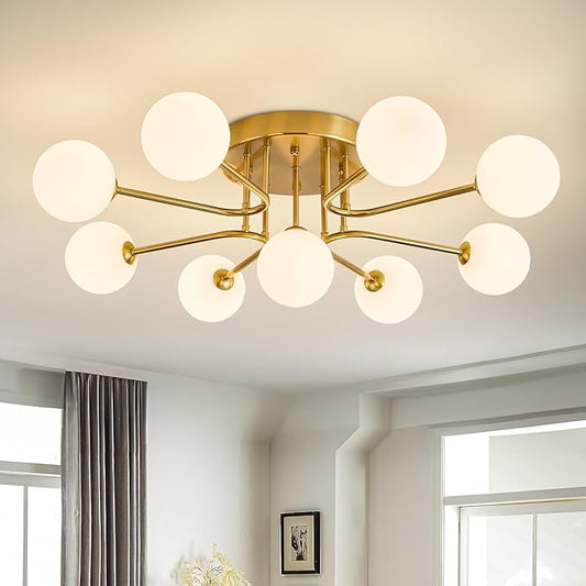 Semi Flush Mount Ceiling Light Fixture,Modern Gold Globe Sputnik Chandeliers 9-Light Mid Century Milk Glass Chandelier for Dining Room,Kitchen Island,Bedroom,Living Room,Entryway,Foyer,33 Inch