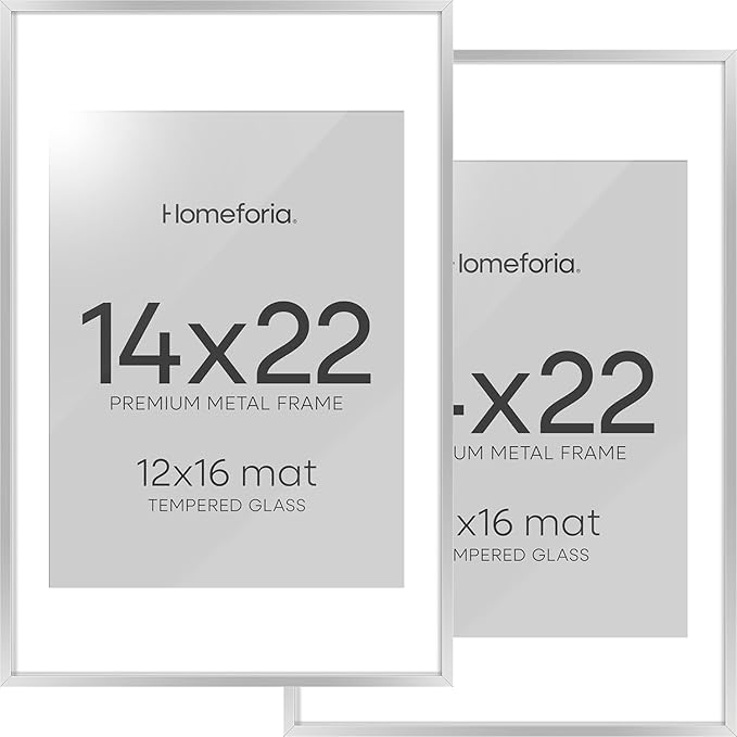 Homeforia 14x22 Picture Frame Silver, High End Metal 14 x 22 Frame with Mat 12 by 16 Photo, 14x22 Silver Poster Frame Matted to 12x16 in Print, 22x14 Hanging Frames, Tempered Glass, Wall Kit, Set of 2