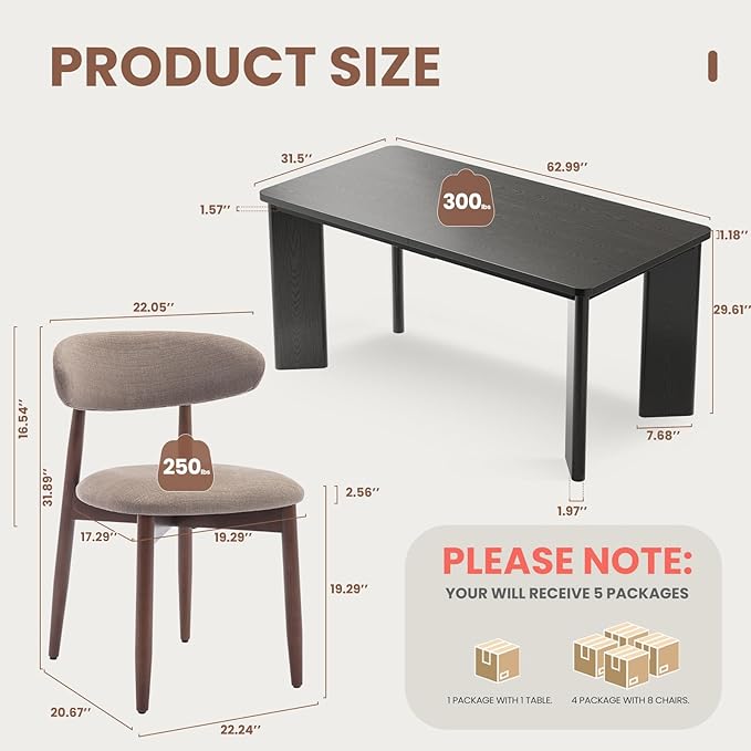9-Piece Rectangular Dining Table Set for 8, 63" Industrial Kitchen Table with 8 Wooden Upholstered Dinner Chairs for Dining Room, Kitchen, Living Room, Black+Camel
