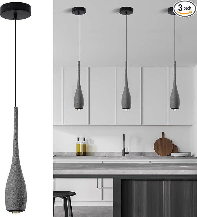 Black Pendant Light for Kitchen Island, LED Lens Concrete Pendant Light fixtures, Small Modern Industrial Hanging Pendant Light for Over Sink, Bar, Dining Room, Bedside(3-Pack)