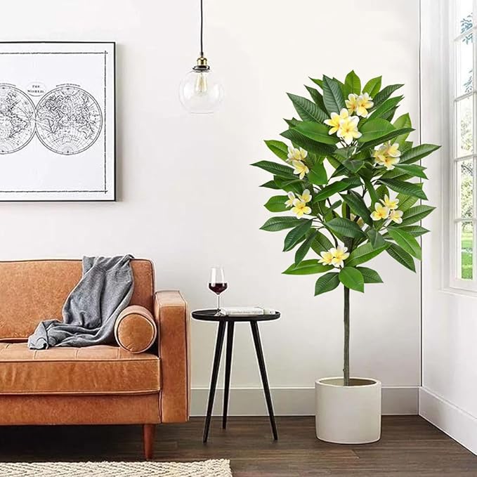 Briful Artificial Plants Indoor 5.09ft Fake Tropical Plumeria Flowers Tree in Black Pot Hawaiian Yellow Plumeria Faux Frangipani Tree Potted Floor Plant for Home Office Wedding Decor