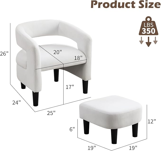 INZOY Modern Accent Chair with Ottoman for Small Space, Club Chair with Ottoman Set, Comfy Fabric Barrel Reading Chairs for Living Room Bedroom, Round Reading Chair with Foot Rest, White