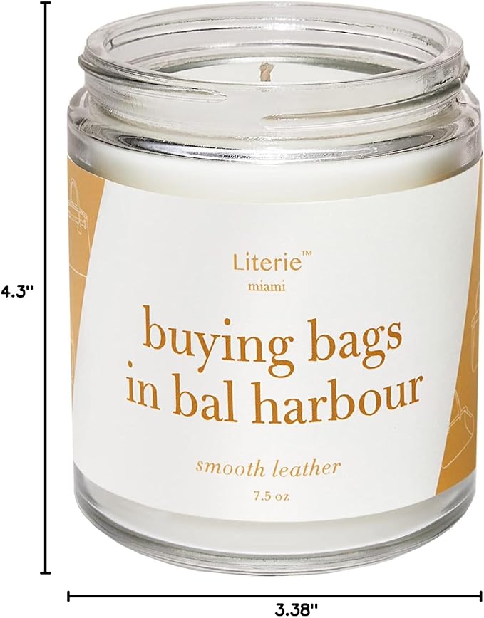 Literie Miami Inspired Scented Candle: Buying Bags in Bal Harbor - Smooth Leather Scent, 7.5oz, 40 Hour Burn, Vegan Soy & Coconut Blend Candle for Home Decor, Gift for Women & Men