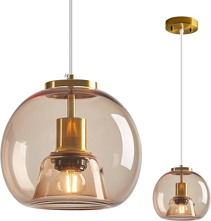 Light Coffee Glass Pendant Lights Kitchen Island Gold Hanging Light Fixture Glass Globe Pendant Light Modern Pendant Lighting for Kitchen Island Bedroom Dining Room (7.87", 1 Pack)