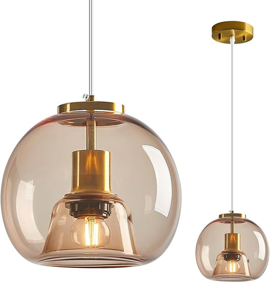 Light Coffee Glass Pendant Lights Kitchen Island Gold Hanging Light Fixture Glass Globe Pendant Light Modern Pendant Lighting for Kitchen Island Bedroom Dining Room (7.87", 1 Pack)