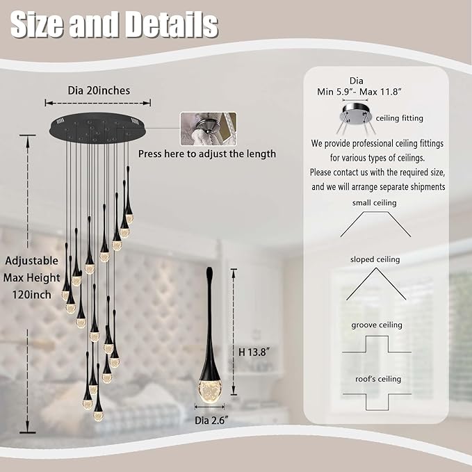 120'' Bubble Crystal Raindrop Chandeliers 16-Lights Black Long Staircase Chandelier Foyer High Ceiling Chandeliers Loft Slante LED Dimmable Ceiling Fixtures