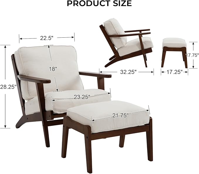 Living Room Accent Chairs Mid Century Modern Reading Arm Chair with Ottoman, Fabric Bedroom Chair with Soild Wood Frame, Elegant Upholstered Side Chair, Beige-Fabric