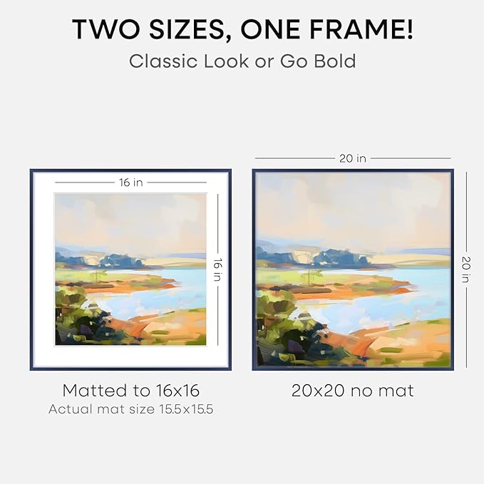 Homeforia 20x20 Picture Frame Navy Blue, High End Metal 20 x 20 Square Poster Frame with Mat 16 x 16 Photo, 20x20 Frame Matted to 16x16 Print, 20by20 Hanging Frames, Tempered Glass, Wall Kit, Set of 1