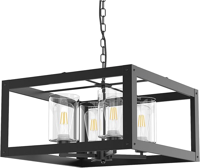 4-Light Black Chandelier, 19" Farmhouse Chandeliers Light Fixture with Glass Shade Lighting Fixtures Modern Ceiling Pendant Lamp for Dining Room Kitchen Island Entrance Bedroom Living Room