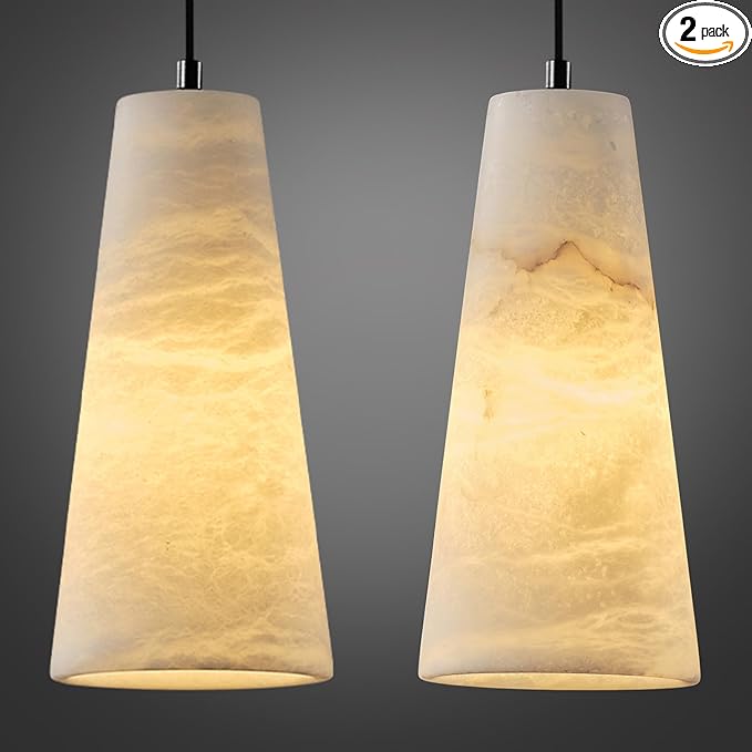 Alabaster Pendant Lights Kitchen Island 2 Pack, H-10in White Pendant Light Fixtures, Marble Conical Shade Black, Light Pendant for Bedroom Bathroom Dining Room Living Room (Dimmable Bulbs INCL)