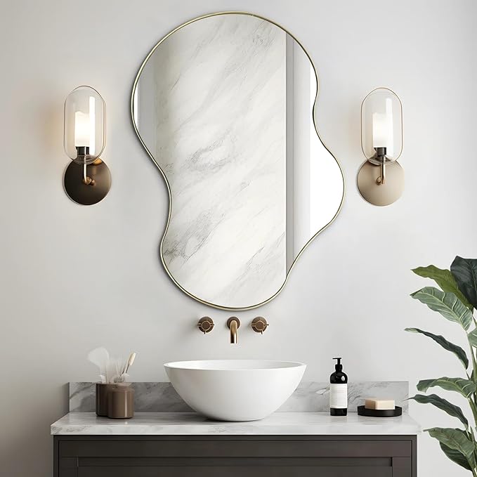 Gold Irregular Mirror, 36"x26" Asymmetrical Wall Mirrors with Metal Frame, Waved Shaped Decorative Mirrors for Living Room Bathroom Bedroom Hallway Entryway Fireplace