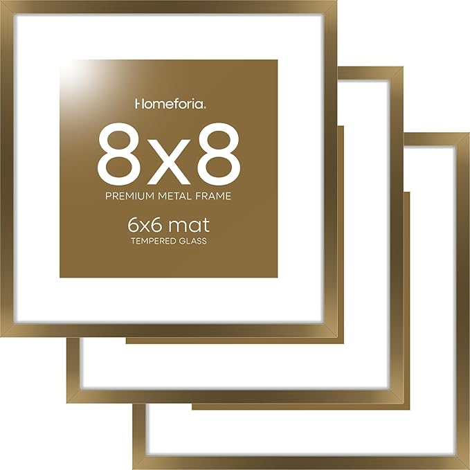 Homeforia 8x8 Picture Frames Bronze, High End Metal 8 x 8 Square Photo Frame with Mat 6 by 6, 8x8 Brass Frame Matted to 6x6 inch Print, 8by8 Wall or Tabletop Frames, Tempered Glass, Wall Kit, Set of 3