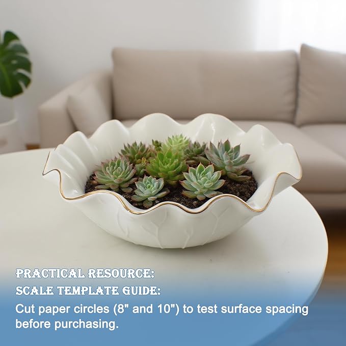 10" Large White Ruffle Lotus Design with Gold Trim Ceramic Fruit Bowl, Decorative Leaf Floral Bowl for Coffee Table Kitchen Counter and Home Decor Approx Capacity 45 fl oz