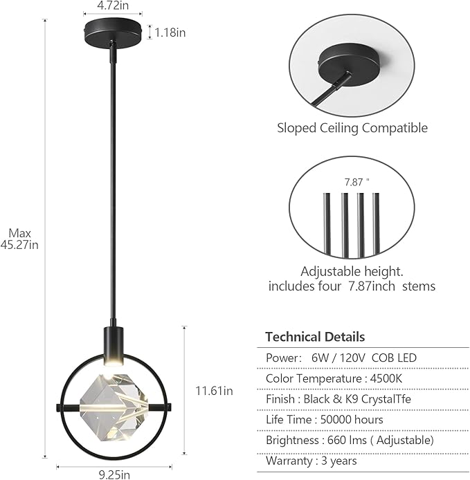 Modern Crystal Pendant Light in Black Mini Dimmable Integrated LED Light Fixtures Metal Rod Ceiling Black Chandelier for Kitchen Island Bedroom Dining Room Bar(1-Lights)