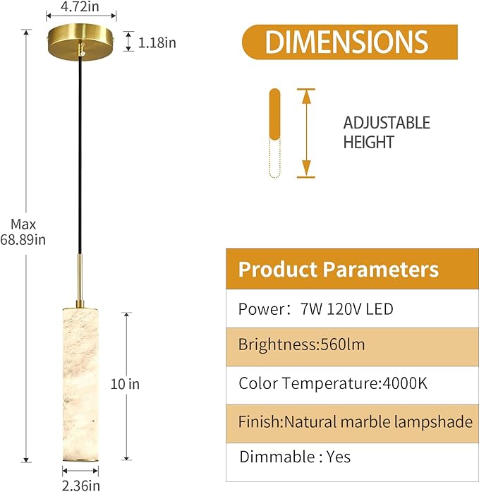 LMQNINE Natural Alabaster Pendant Lights for Kitchen Island White Marble Long Tube Chandelier Modern Gold Ceiling Light Fixtures for Bedroom Dining Room Table Living Room Hallway(S-1Pack)