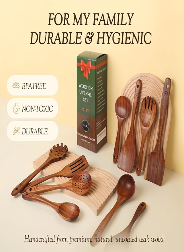 100% Natural Teak Wood Wooden Utensil Set – Non-Stick & Heat Resistant – 10 Pcs Durable Kitchen Spoons for Cooking, Eco-Friendly & Comfortable Grip