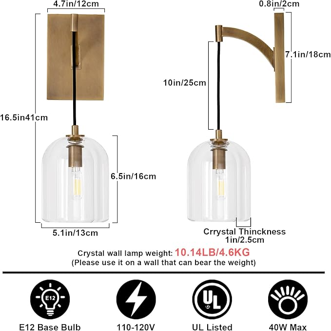 Modern Crystal Wall Sconce, Brass Hemisphere Wall Sconce, Gold Wall Lamps Indoor Lighting for Bedroom Bathroom Vanity Light Fixtures Includes Bulbs