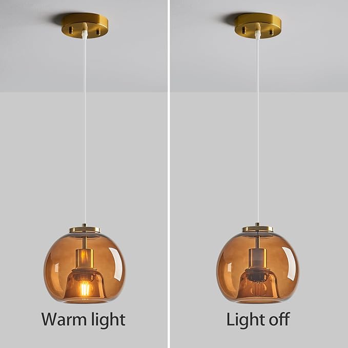 Brown Glass Pendant Lights Kitchen Island Gold Hanging Light Fixture Glass Globe Pendant Light Modern Pendant Lighting for Kitchen Island Bedroom Dining Room (7.87", 3 Pack)