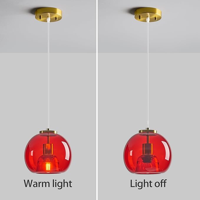 Red Glass Pendant Lights Kitchen Island Gold Hanging Light Fixture Glass Globe Pendant Light Modern Pendant Lighting for Kitchen Island Bedroom Dining Room (7.87", 2 Pack)