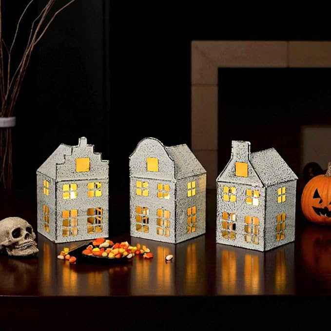 TRIROCKS Set of 3 Vintage Decorative Candle Lantern 6”H Candle Lantern Small House Metal Candle Holder Perfect for Garden Yard Patio Wedding Parties Events Indoors