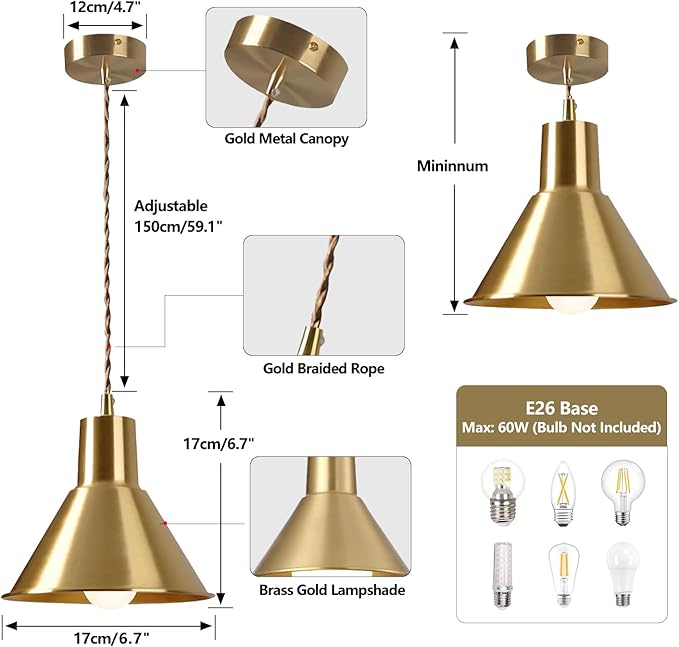 KCO Lighting Gold Cone Pendant Light Mini Barn Pendant Light Fixtures Modern Brass Pendant Lights Kitchen Island Set of 2 Vintage Industrial Ceiling Hanging Light for Dining Room Living Room 2 Pack