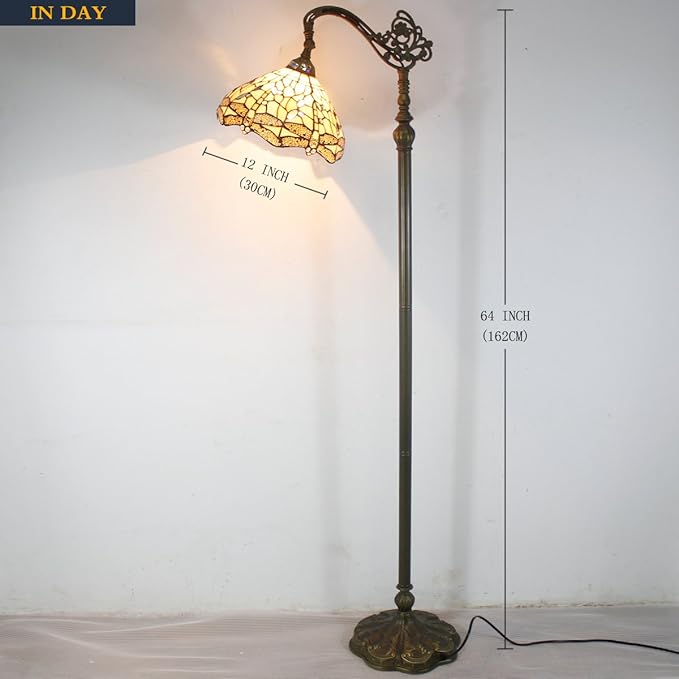 WERFACTORY Tiffany Floor Lamp Cream Stained Glass Dragonfly Arched Lamp 12X18X64 Inches Gooseneck Adjustable Corner Standing Reading Light Decor Bedroom Living Room S139 Series