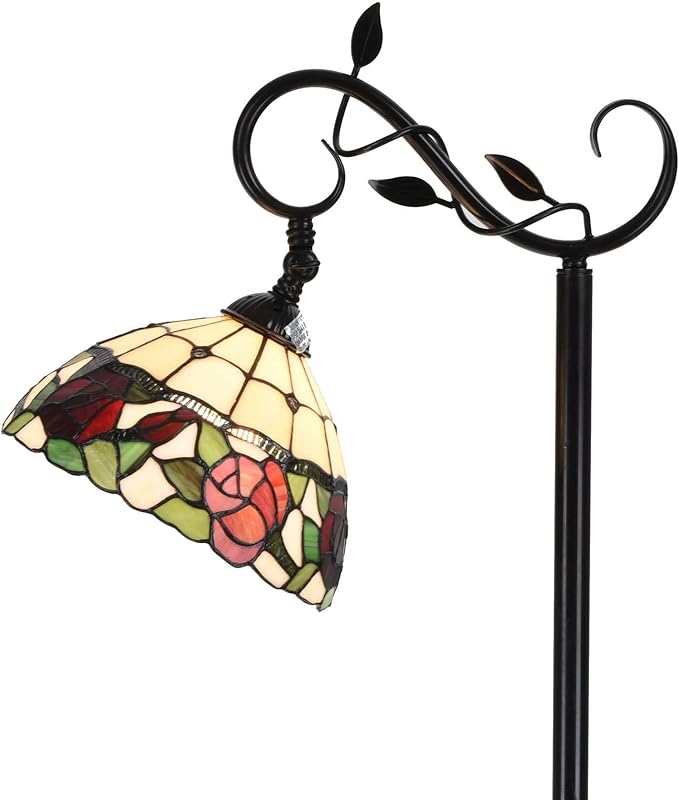 Bieye L10804 Rose Flower Tiffany Style Stained Glass Reading Floor Lamp 59.5 inches Tall, Red