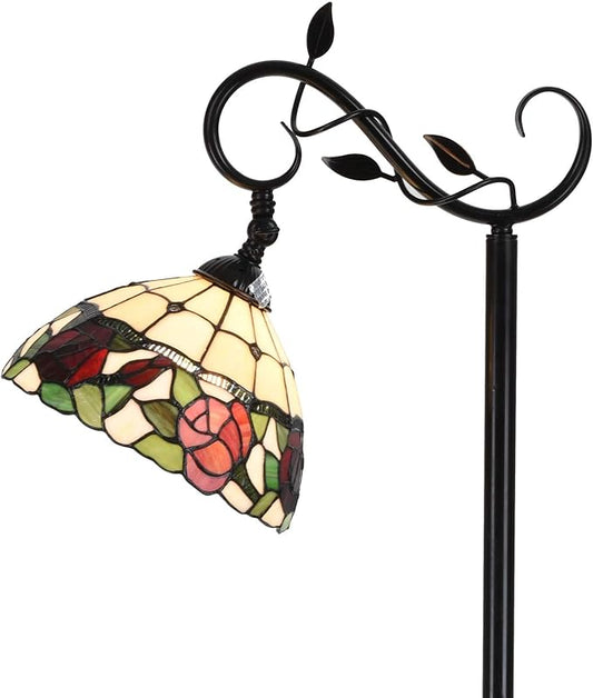 Bieye L10804 Rose Flower Tiffany Style Stained Glass Reading Floor Lamp 59.5 inches Tall, Red