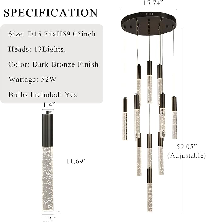 Round Black Chandelier, Modern Raindrop Hanging Lights, Large Dimmable High Ceiling Lamps, LED Crystal Pendant Lighting for Staircase Living Room Dining Room Farmhouse