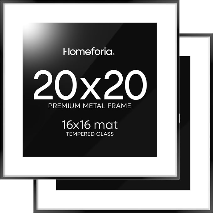 Homeforia 20x20 Picture Frame Black, High End Metal 20x20 Square Poster Frame Matted to 16x16 Print, 20 x 20 Black Frames with Mat 16 x 16 Photo, 20by20 Thin Frames, Tempered Glass, Wall Kit, Set of 2