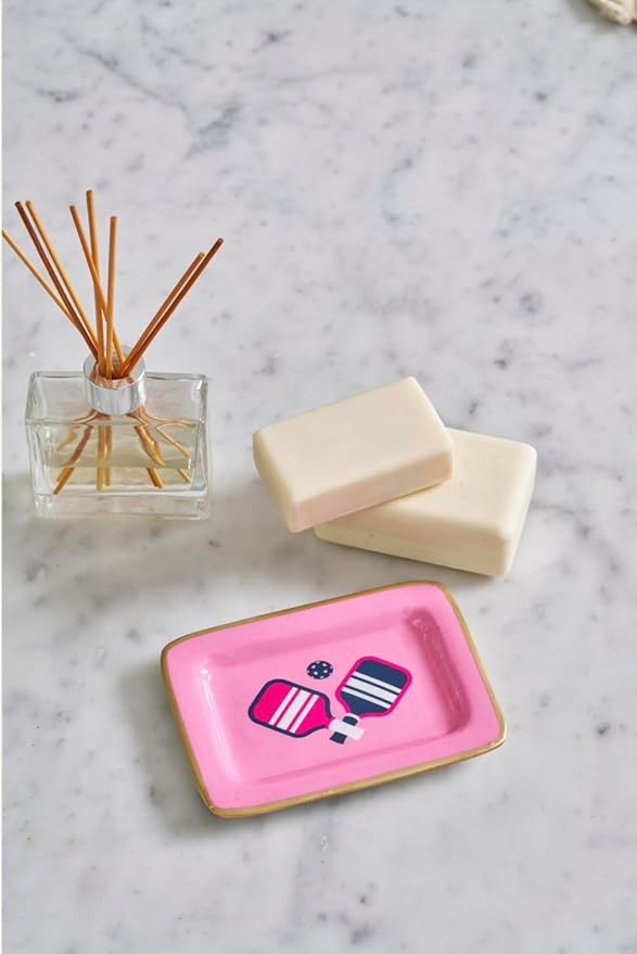 Jayes Studio Pink Pickleball Landry Tray — Handpainted Metal Vanity Tray with Gold Trim Edge, Funny Pickleball Gifts, Small Gold Tray for Bathroom, Dresser, Jewelry Dish, Decorative Trinket Catchall