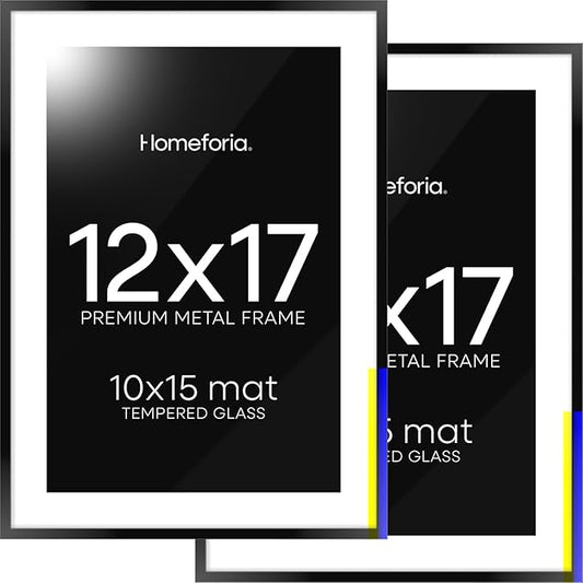Homeforia 12x17 Picture Frame Black, High End Metal 12x17 Poster Frames with Mat 10x15 for Photo, 12 x 17 Black Frame Matted to 10 x 15 inch Print, 17x12 Thin Frame, Tempered Glass, Wall Kit, Set of 2