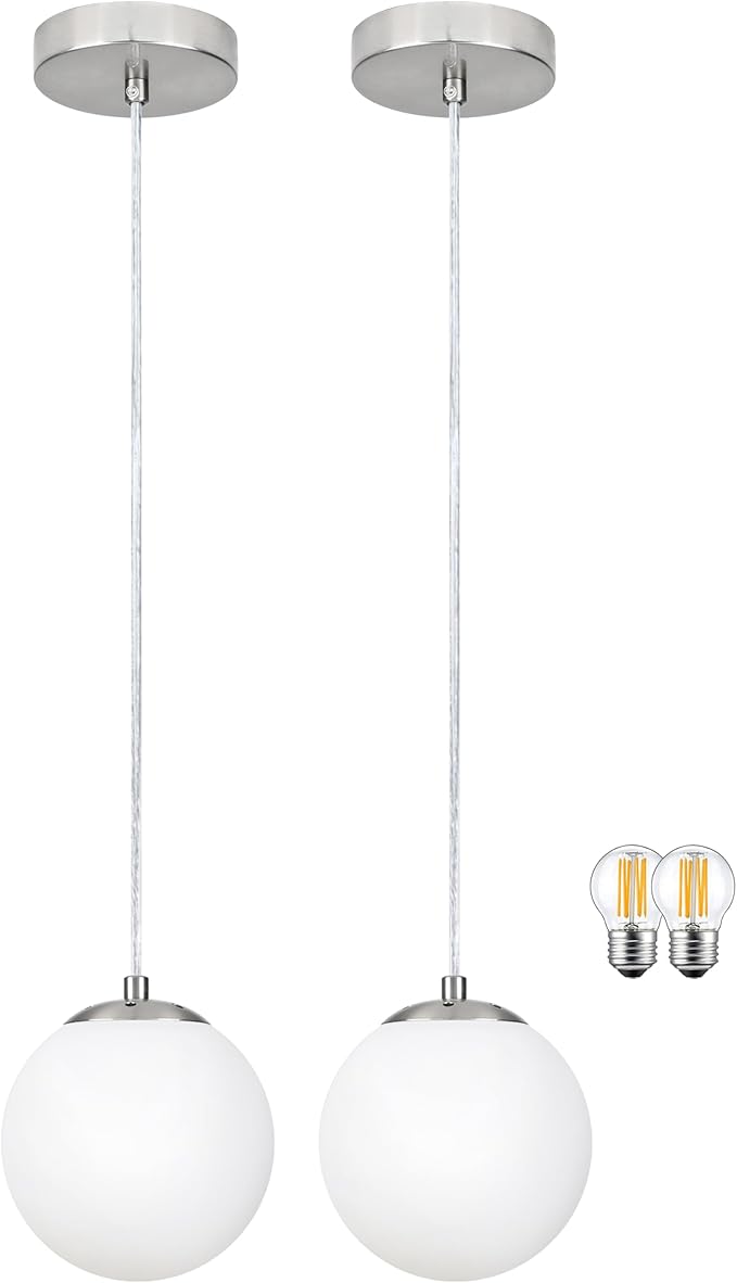 KoKo&Yukina 6 Inch Globe Pendant Light Nickel Globe Pendant Lights Kitchen Island Mid Century Light Fixture with Milky White Glass Shade for Dining Room (2 Pack)