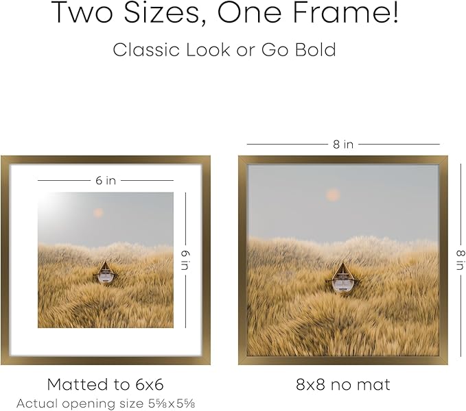 Homeforia 8x8 Picture Frames Bronze, High End Metal 8 x 8 Square Photo Frame with Mat 6 by 6, 8x8 Brass Frame Matted to 6x6 inch Print, 8by8 Wall or Tabletop Frames, Tempered Glass, Wall Kit, Set of 2