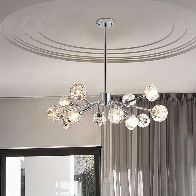 Sputnik Chandeliers for Dining Room Light Fixture Over Table, Modern Crystal Chandeliers, 12 Lights Chrome Lighting Fixtures for Living Room Bedroom Kitchen Island Bar