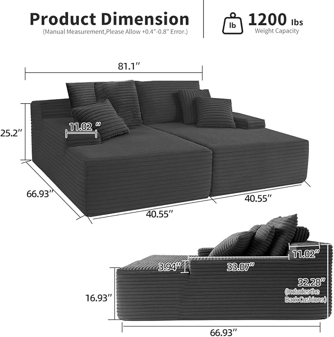 Chaise Lounge Chair, Sofa Couches for Living Room, Oversized Upholstered Sleeper Indoor, Cloud Sofa Bed Indoor Deep Seat, No Assembly Required Corduroy, Double Seat Gray