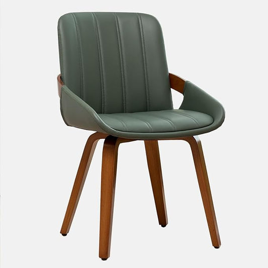 Mid Century Modern Faux Leather Upholstered Dining Chairs,Armless Accent Chairs with Sturdy Natural Wood Legs,Bamboo Backrest Support for Kitchen&Dining Room Chairs(1PCS,Green)