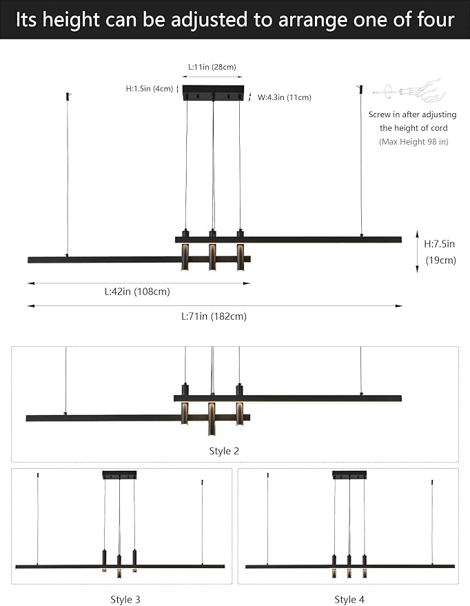 71" Black Linear LED Pendant Light Dimmable for Kitchen Island, Home Bar, Dining & Office - Modern Minimalist Hanging Chandelier Lighting Fixture