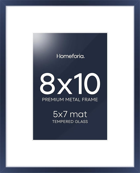 Homeforia 8x10 Picture Frame Navy Blue, High End Metal 8 x 10 Poster Frames with Mat 5 by 7 Print, 10x8 Thin Frame Matted to 7x5 Photo, 8by10 Wall or Tabletop Frame, Tempered Glass, Wall Kit, Set of 1