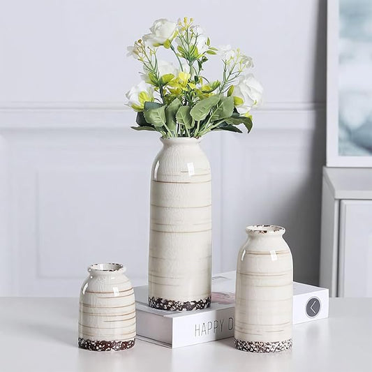 Ceramic Vase Set of 3, Farmhouse Rustic Decorative Vase for Home Decor, Modern Glazed Vase, Table Centerpiece for Living Room, Shelf, Bedroom, Kitchen (Omega Yellow)