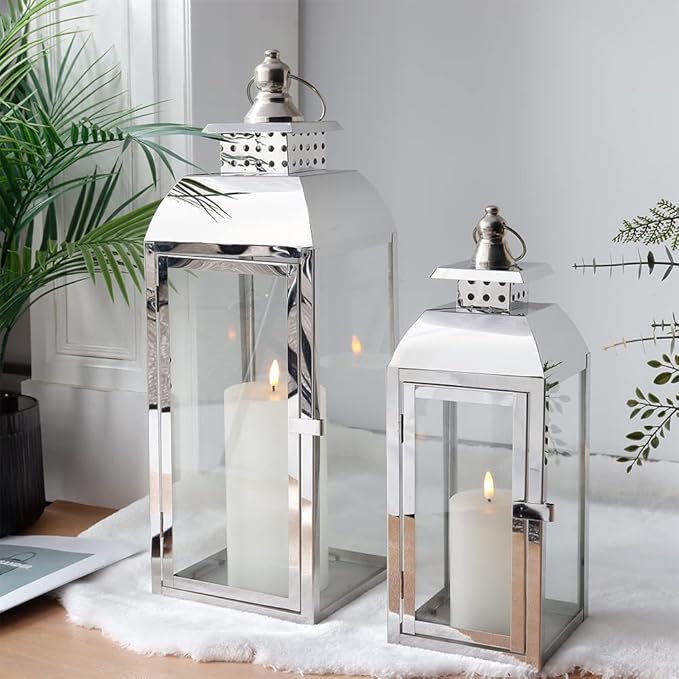 JHY DESIGN Set of 2 Stainless Steel Decorative Candle Lanterns 20.5"&15" High Metal Candle Lanterns for Indoor Outdoor Events Parities Weddings Vintage Style Hanging Lantern